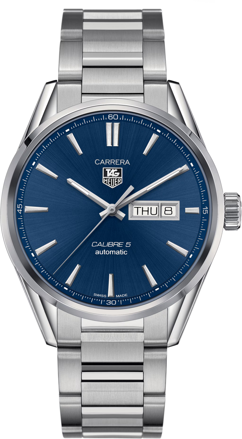 TAG Heuer Carrera Calibre 5 Day-Date Automatico Uomo 41 mm Acciaio Quadrante Blu Soleil Lunetta Fissa Acciaio Vetro Zaffiro Giorno e Data Bracciale Acciaio 100 m Swiss Made Ref. WAR201E.BA0723 Oasi Watch