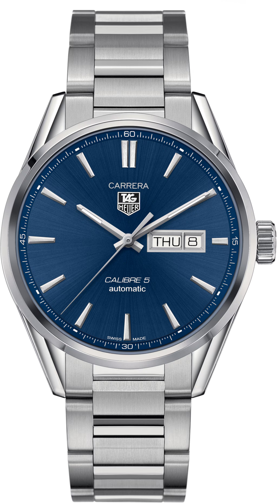 TAG Heuer Carrera Calibre 5 Day-Date Automatico Uomo 41 mm Acciaio Quadrante Blu Soleil Lunetta Fissa Acciaio Vetro Zaffiro Giorno e Data Bracciale Acciaio 100 m Swiss Made Ref. WAR201E.BA0723