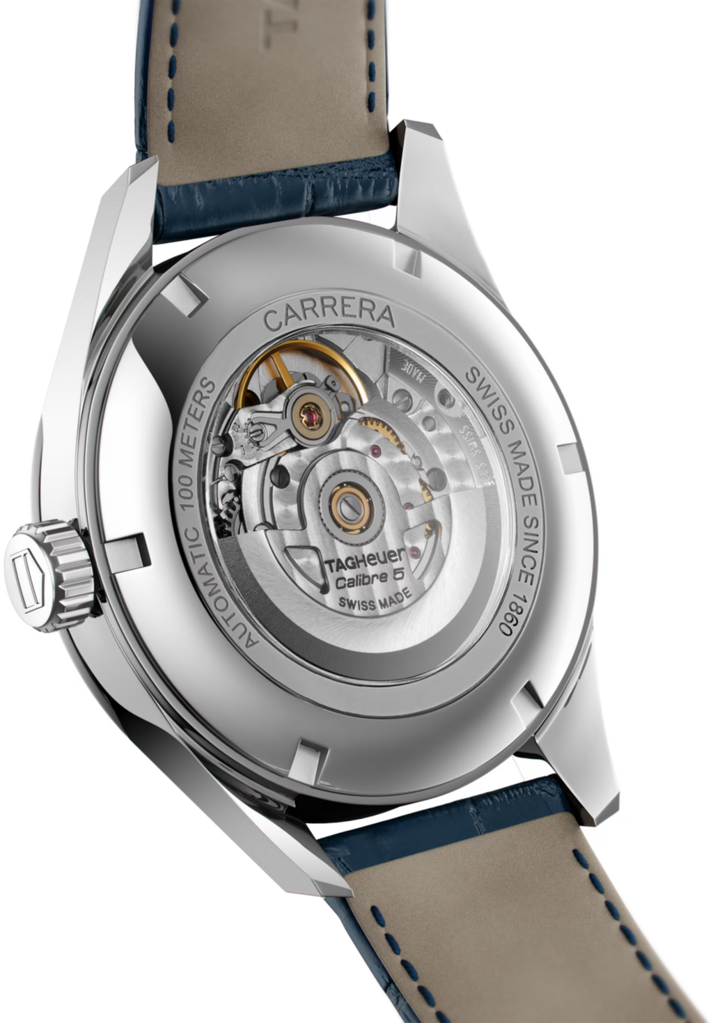 Orologio TAG Heuer Carrera Calibre 5 con fondello a vista e cinturino blu
