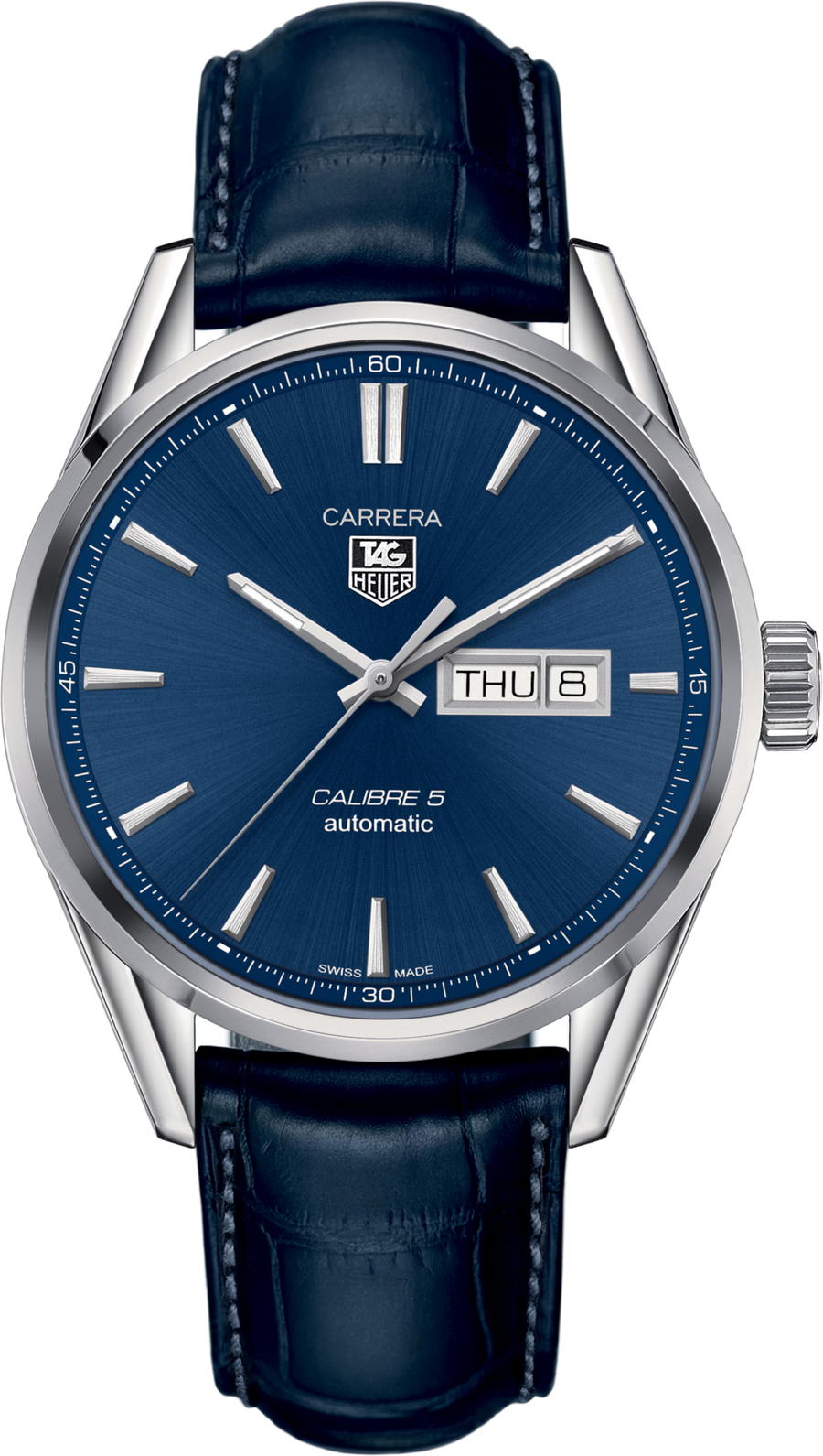 TAG Heuer Carrera Calibre 5 Day-Date Uomo 41 mm Acciaio Quadrante Blu Soleil Vetro Zaffiro Automatico Giorno e Data Cinturino Alligatore Blu 10 ATM Swiss Made Ref. WAR201E.FC6292