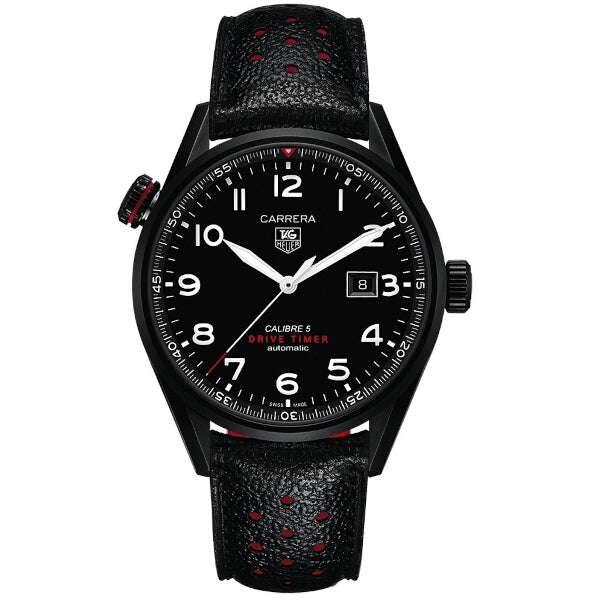 Orologio automatico nero con quadrante nero, lunetta interna girevole e cinturino pelle traforata
