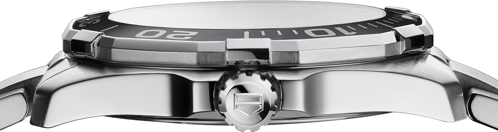 Orologio TAG Heuer Aquaracer: cassa in acciaio con corona e ghiera girevole nera