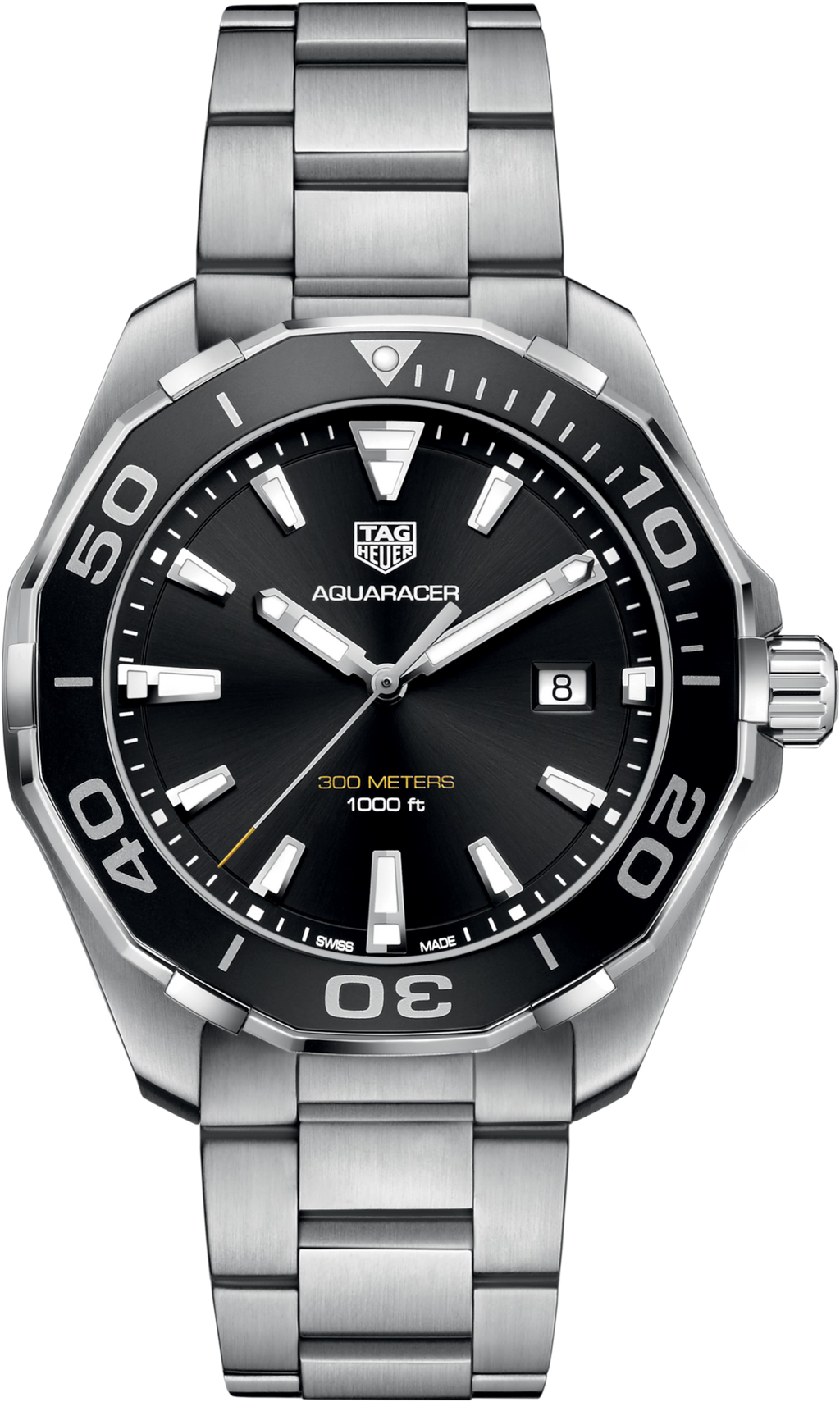 Orologio TAG Heuer Aquaracer: quadrante nero, bracciale in acciaio, lunetta nera