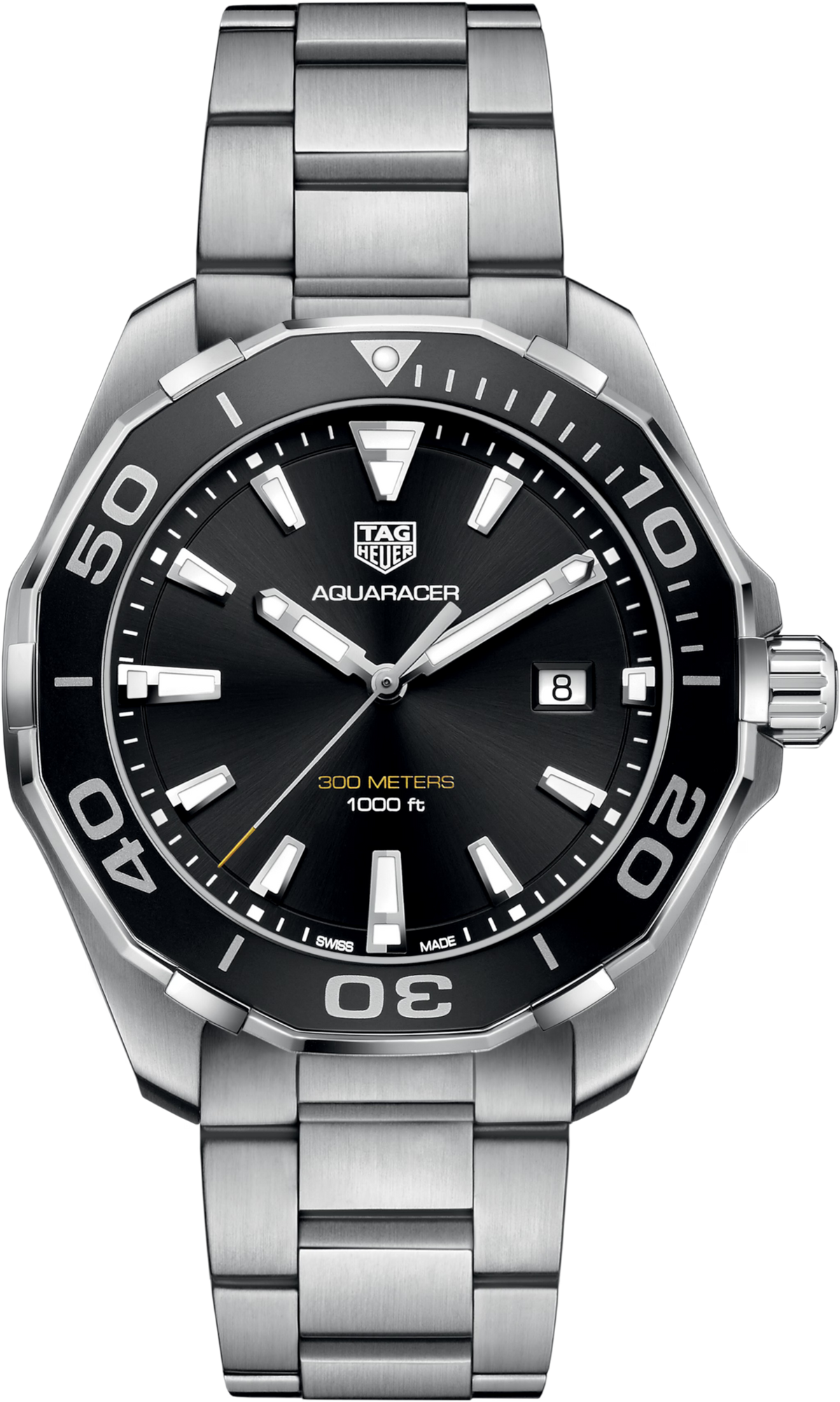 Orologio TAG Heuer Aquaracer: quadrante nero, bracciale in acciaio, lunetta nera
