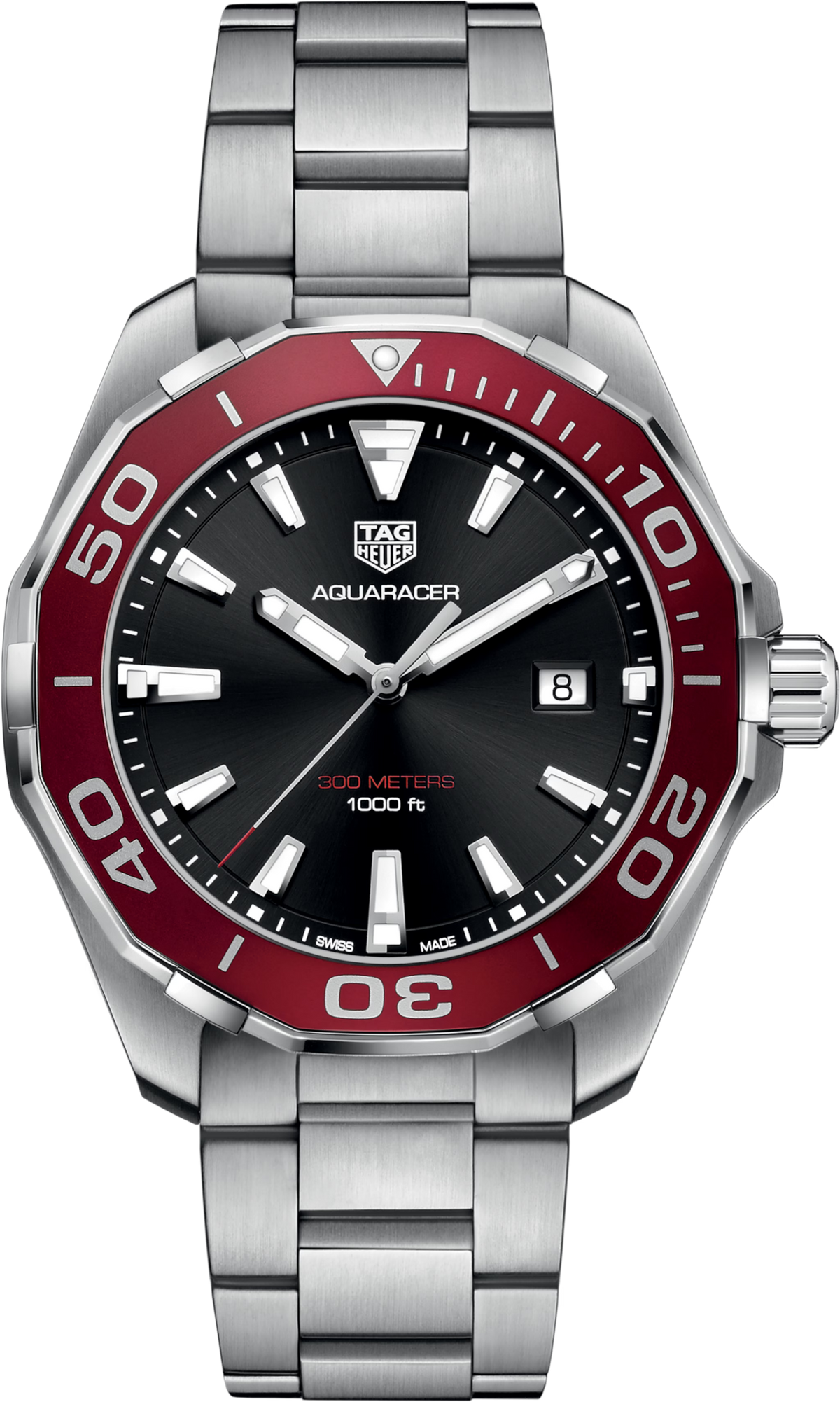 Orologio subacqueo da uomo con quadrante nero, lunetta rossa e bracciale acciaio.