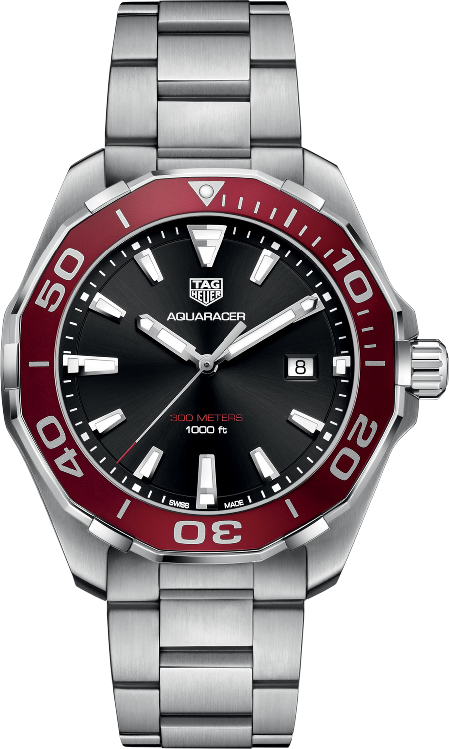 TAG Heuer Aquaracer 300M Quarzo Uomo 43 mm Acciaio Quadrante Nero Lunetta Girevole Unidirezionale Rossa in Alluminio Vetro Zaffiro Data Bracciale Acciaio 30 ATM Swiss Made Ref. WAY101B.BA0746