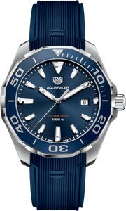 Orologio TAG Heuer Aquaracer 300M in acciaio e caucciù blu, quadrante blu, lunetta girevole