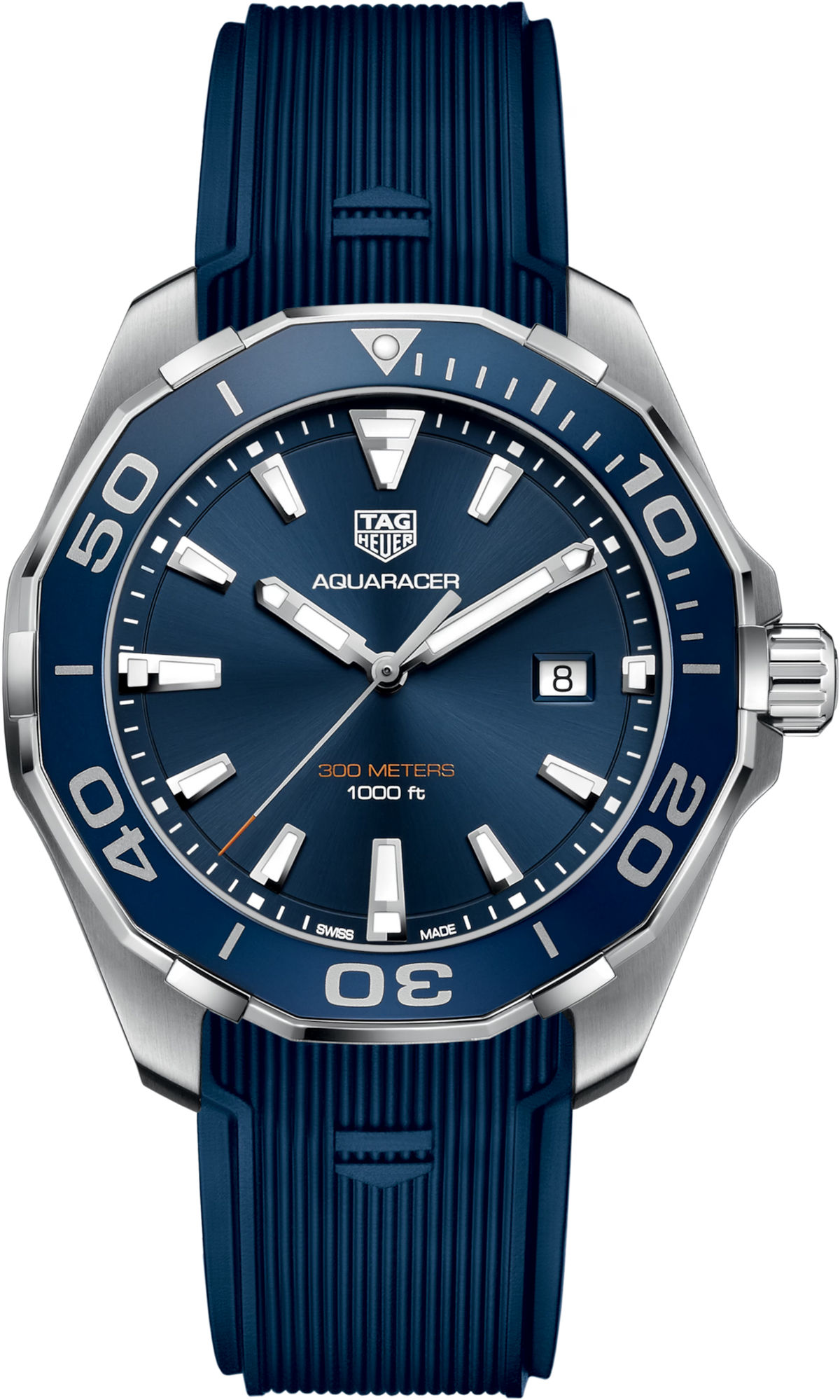 Orologio TAG Heuer Aquaracer 300M in acciaio e caucciù blu, quadrante blu, lunetta girevole