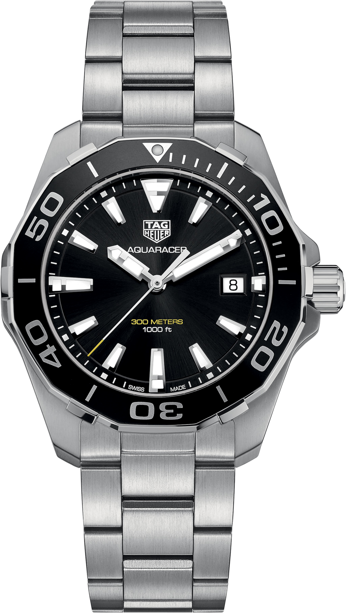 Orologio subacqueo TAG Heuer Aquaracer in acciaio con quadrante nero e bracciale a maglie