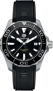 Orologio TAG Heuer Aquaracer 300M: quadrante nero, lunetta girevole, cinturino caucciù nero