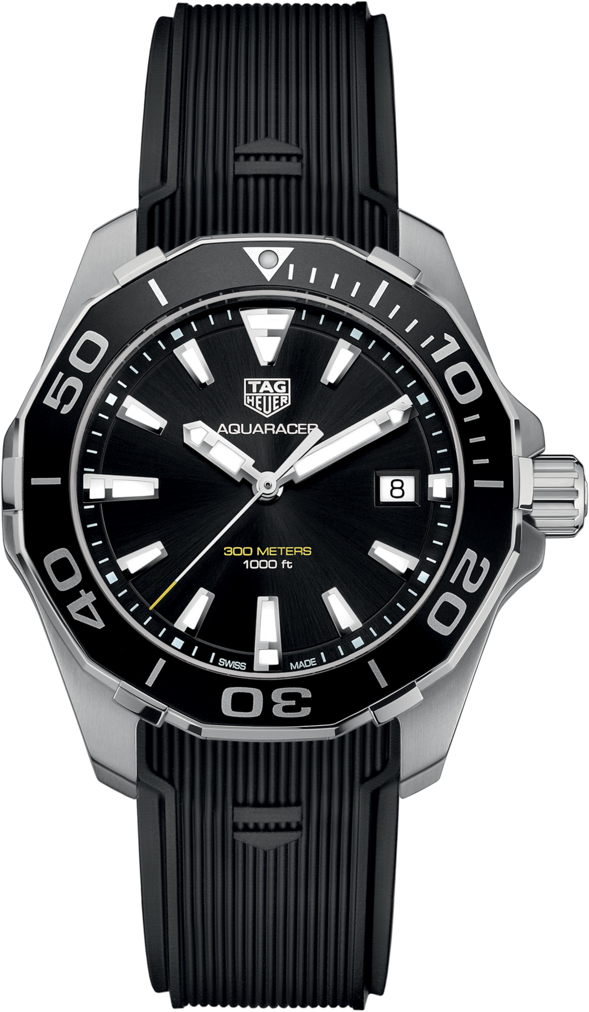 Orologio TAG Heuer Aquaracer 300M: quadrante nero, lunetta girevole, cinturino caucciù nero