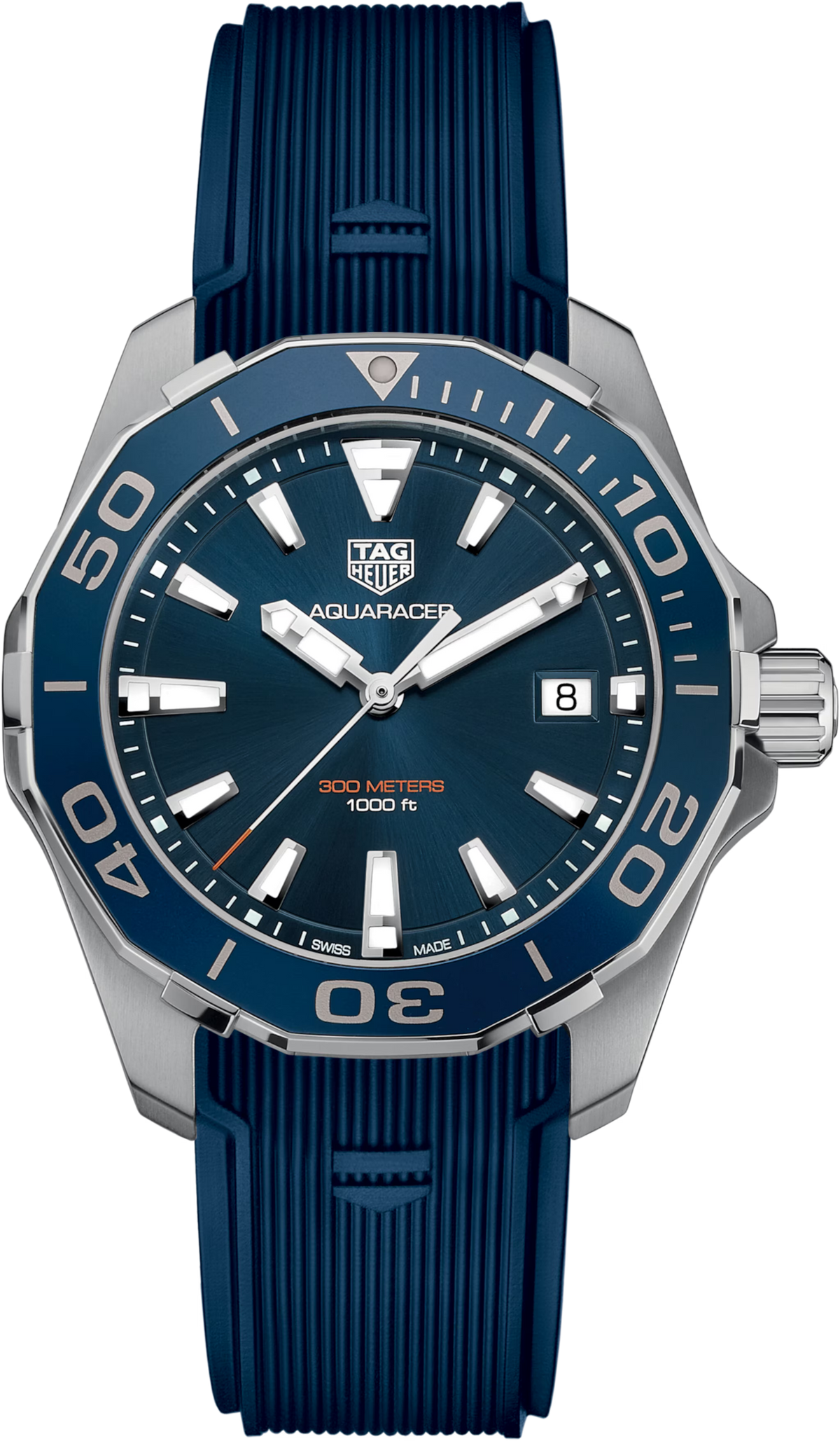 Orologio subacqueo blu con cassa in acciaio, lunetta girevole e cinturino in caucciù