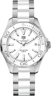 Orologio donna Aquaracer bianco con ghiera girevole ceramica, quadrante e datario, bracciale acciaio