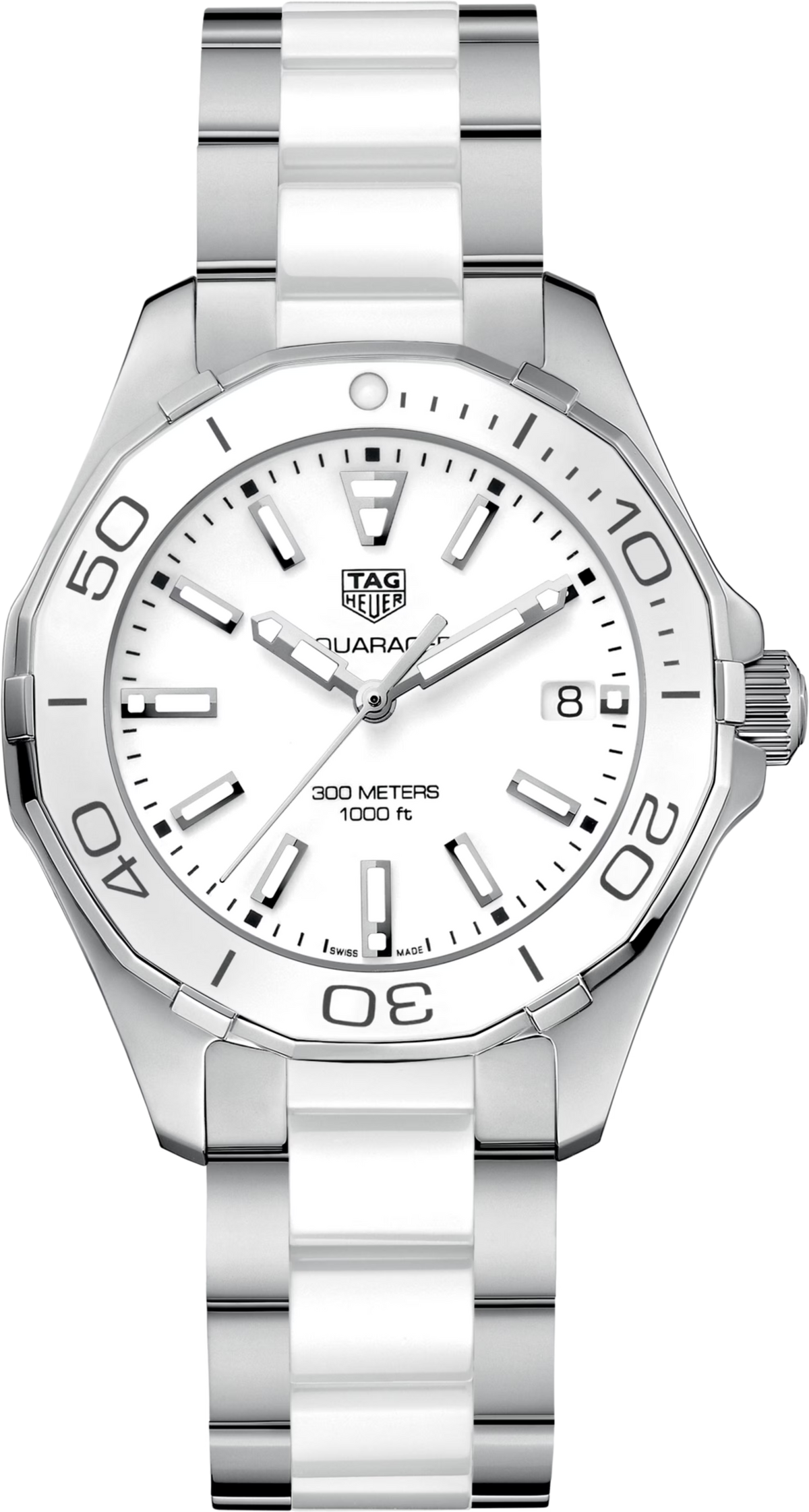 Orologio donna Aquaracer bianco con ghiera girevole ceramica, quadrante e datario, bracciale acciaio