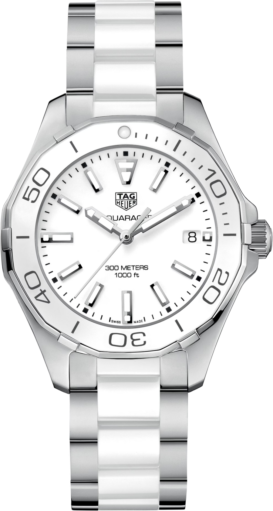 TAG Heuer Aquaracer Lady Donna 35 mm Acciaio Quadrante Bianco Lunetta Girevole Ceramica Bianca Vetro Zaffiro Quarzo Data Bracciale Acciaio e Ceramica 30 ATM Swiss Made Ref. WAY131B.BA0914