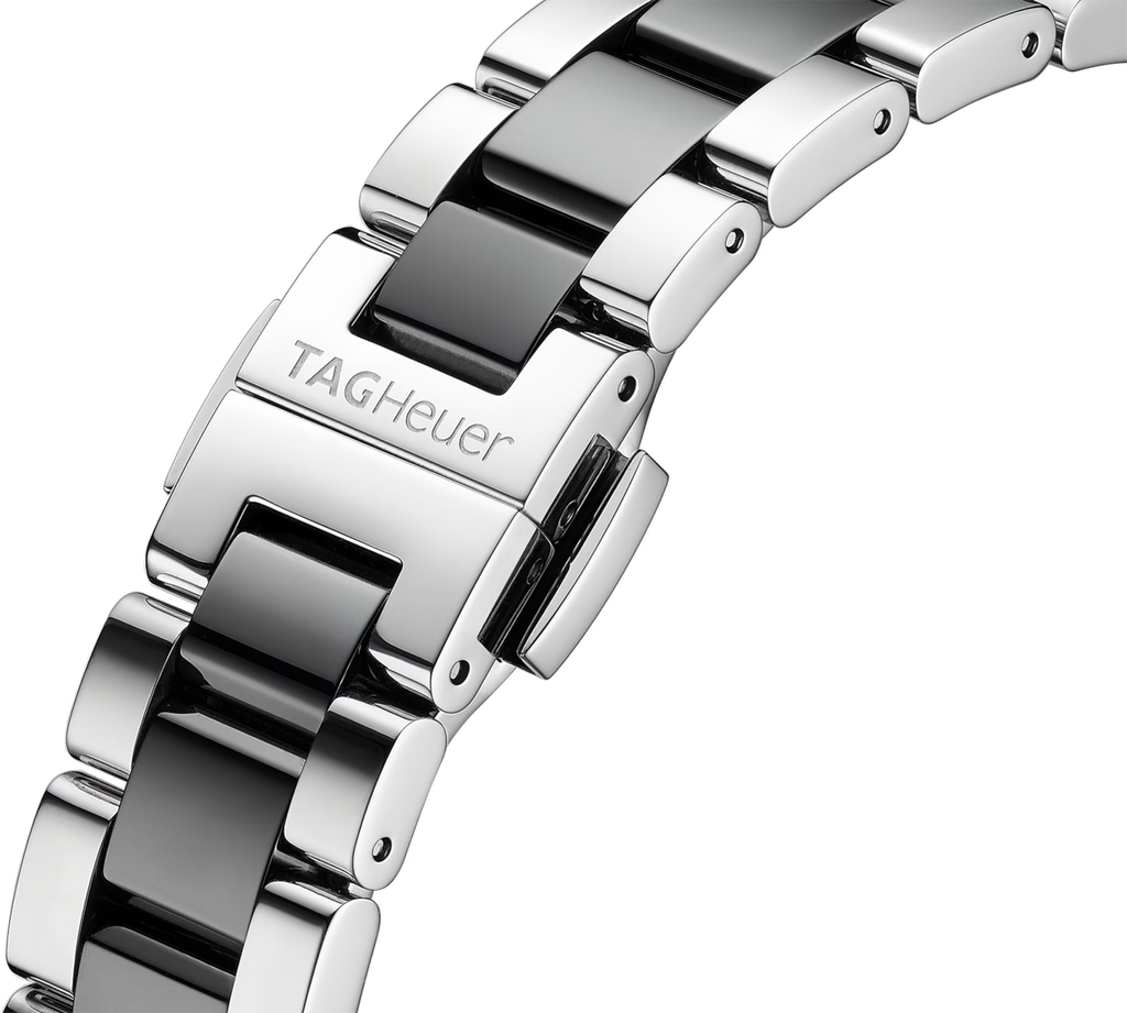 Bracciale in acciaio con inserti in ceramica nera, maglie lucide, fibbia