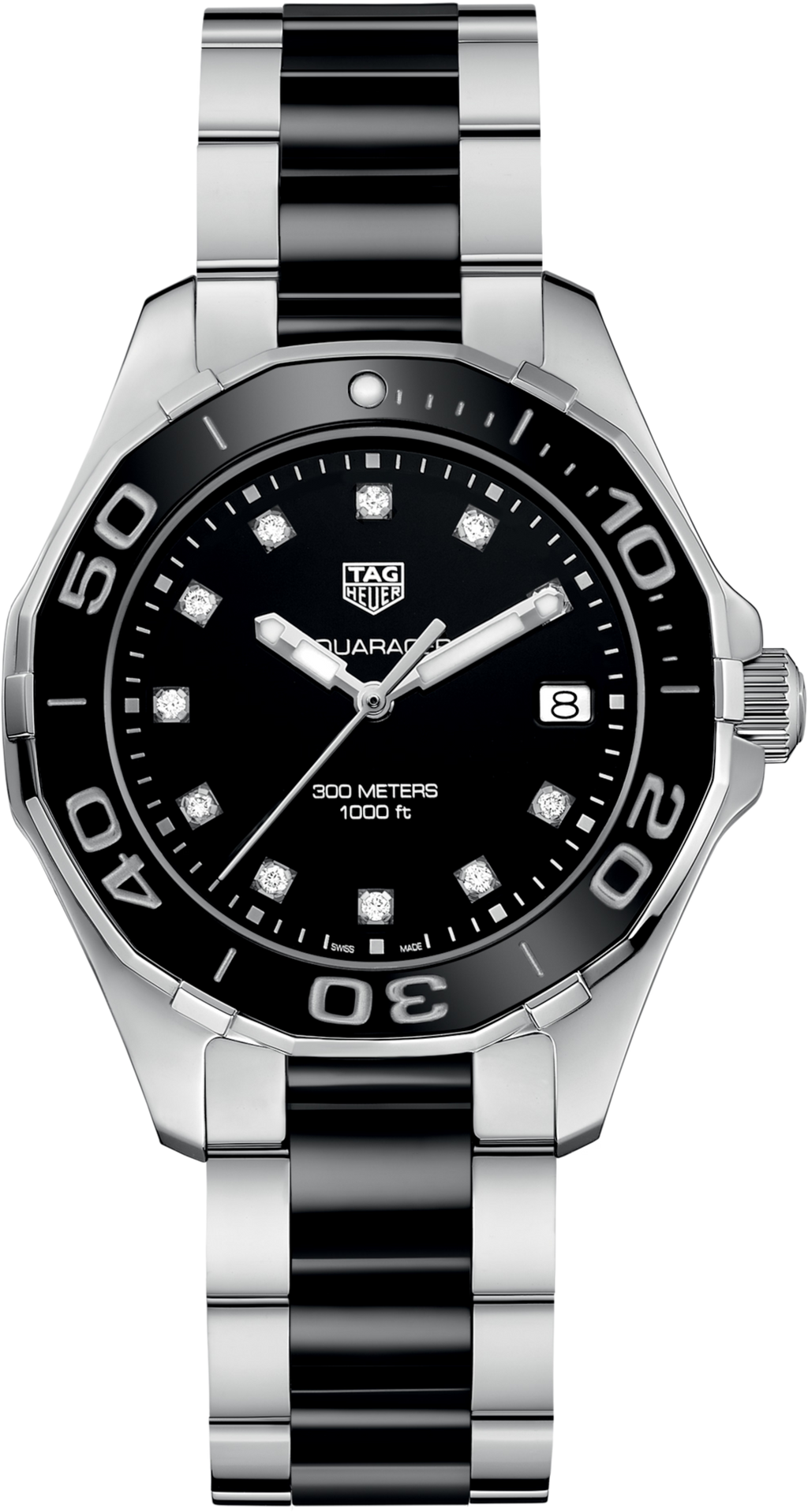 Orologio subacqueo donna con quadrante nero, lunetta in ceramica nera, datario, diamanti