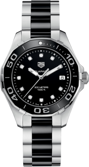 Orologio subacqueo donna con quadrante nero, lunetta in ceramica nera, datario, diamanti