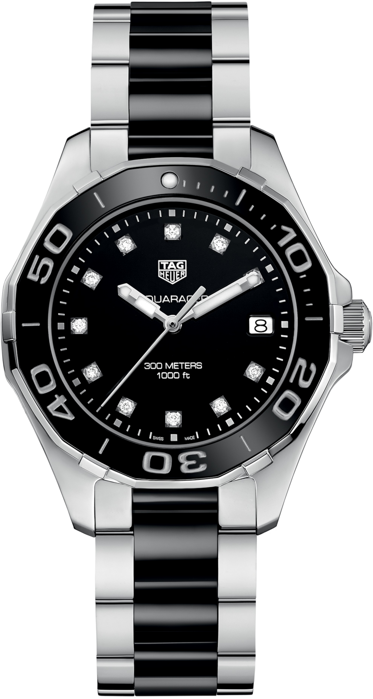 Orologio subacqueo donna con quadrante nero, lunetta in ceramica nera, datario, diamanti