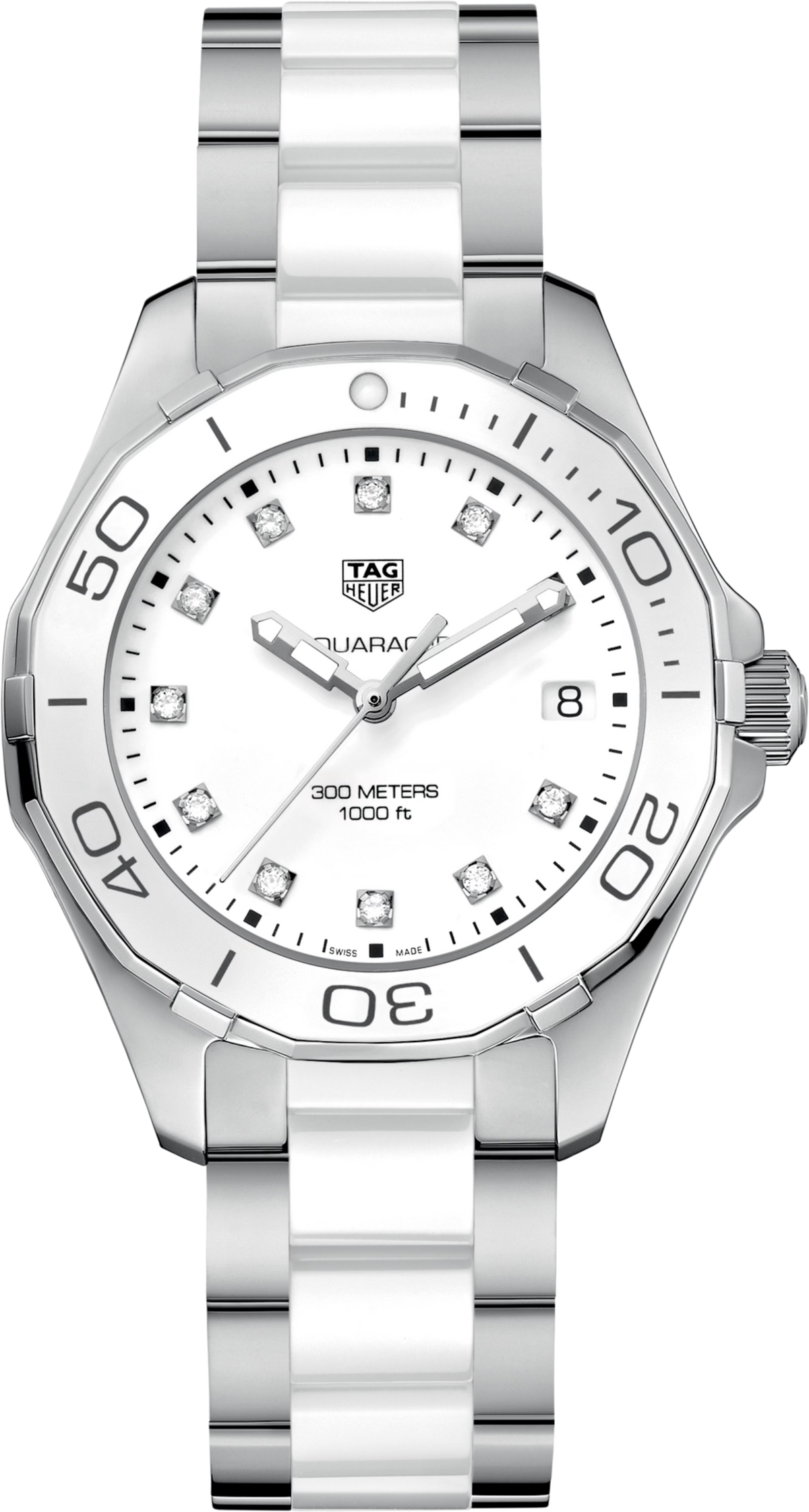Orologio TAG Heuer Aquaracer da donna: quadrante bianco, lunetta ceramica bianca, bracciale acciaio
