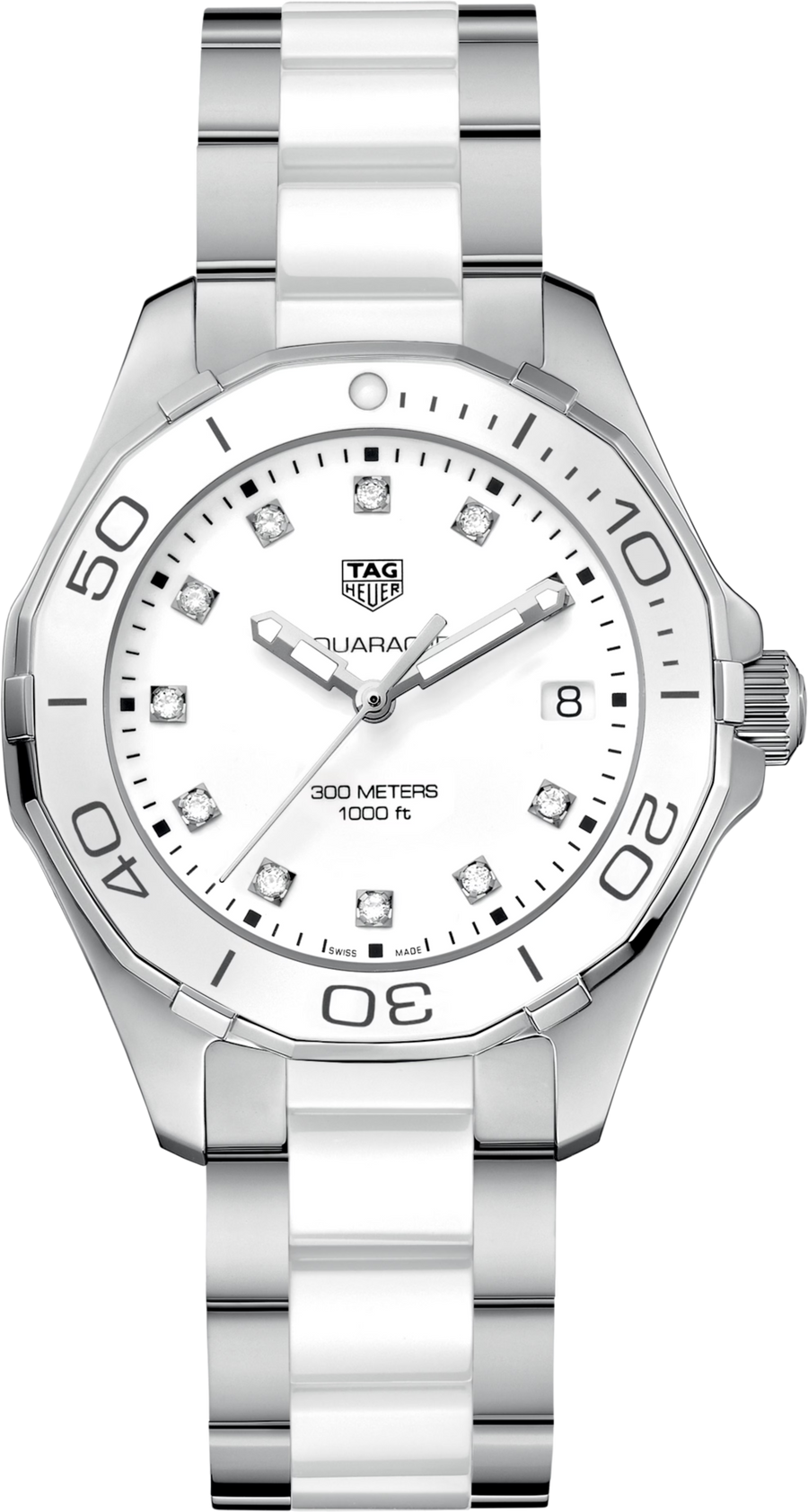 TAG Heuer Aquaracer Lady Donna 35 mm Acciaio Quadrante Bianco con Diamanti Lunetta Ceramica Bianca Vetro Zaffiro Quarzo Data Bracciale Acciaio e Ceramica 30 ATM Swiss Made Ref. WAY131D.BA0914