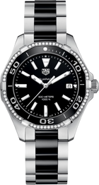 TAG Heuer Aquaracer Lady Donna 35 mm Acciaio Quadrante Nero Lunetta Girevole con 60 Diamanti Ceramica Nera Vetro Zaffiro Quarzo Data Bracciale Acciaio e Ceramica 30 ATM Swiss Made Ref. WAY131G.BA0913