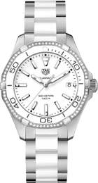 TAG Heuer Aquaracer Lady Donna 35 mm Acciaio Quadrante Bianco Lunetta Girevole con 60 Diamanti Vetro Zaffiro Quarzo Data Bracciale Acciaio e Ceramica Bianca 30 ATM Swiss Made Ref. WAY131H.BA0914