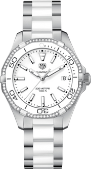 TAG Heuer Aquaracer da donna: quadrante bianco, lunetta diamanti, bracciale acciaio/ceramica