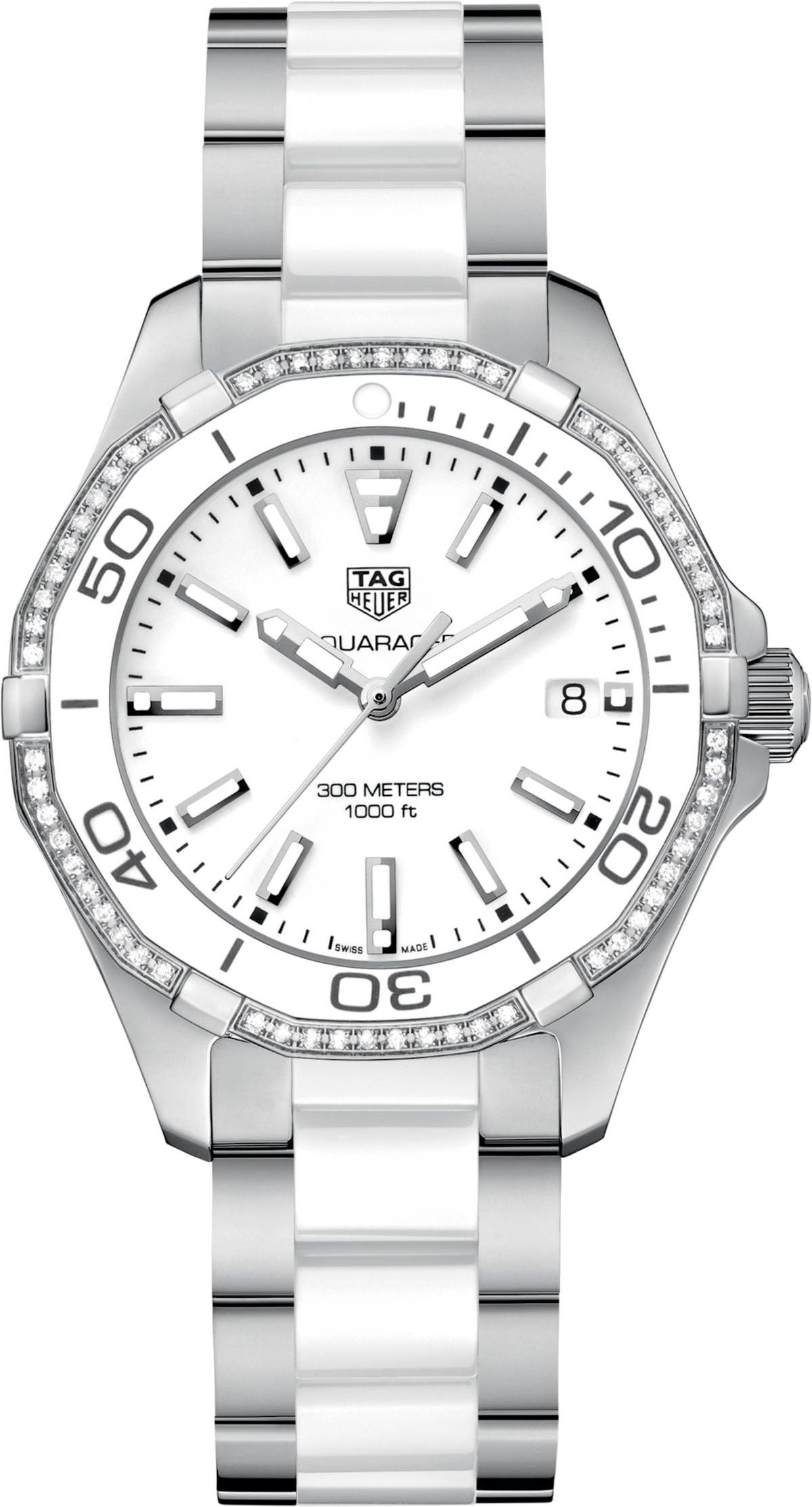 TAG Heuer Aquaracer da donna: quadrante bianco, lunetta diamanti, bracciale acciaio/ceramica