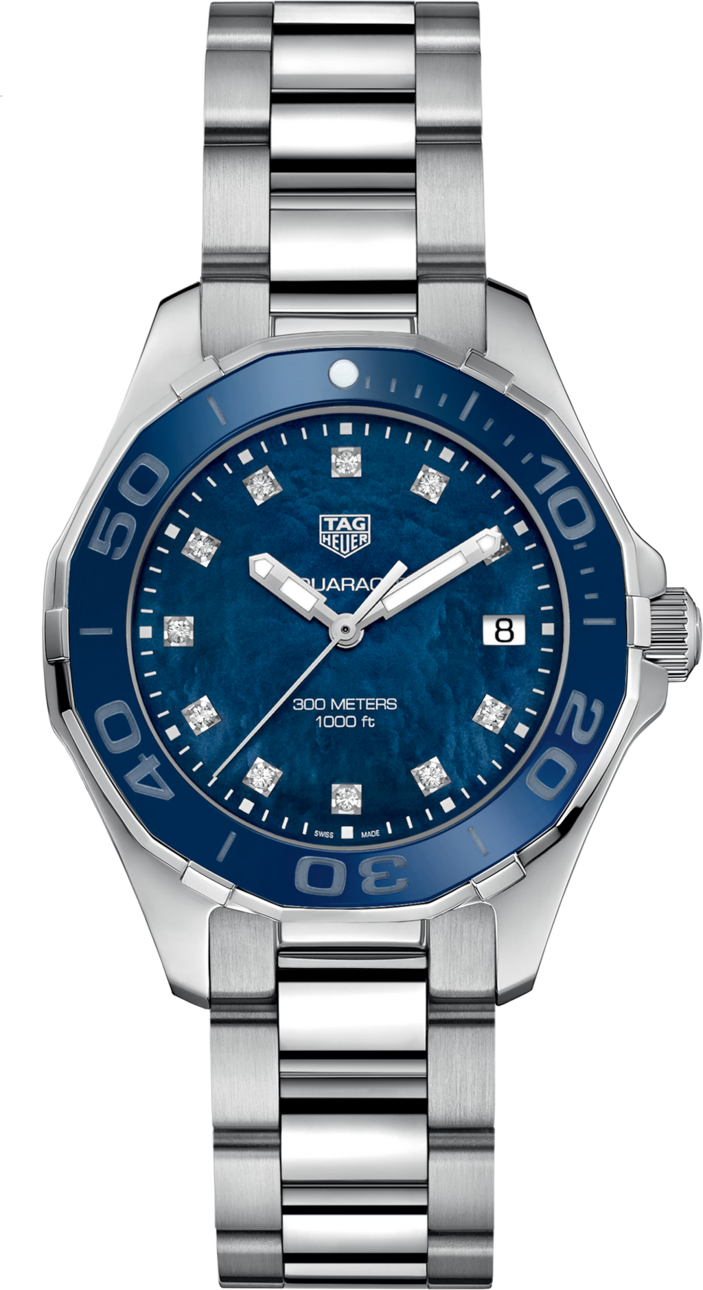 Orologio subacqueo TAG Heuer da donna con quadrante blu madreperla, 11 diamanti, data