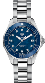 Orologio subacqueo TAG Heuer da donna con quadrante blu madreperla, 11 diamanti, data