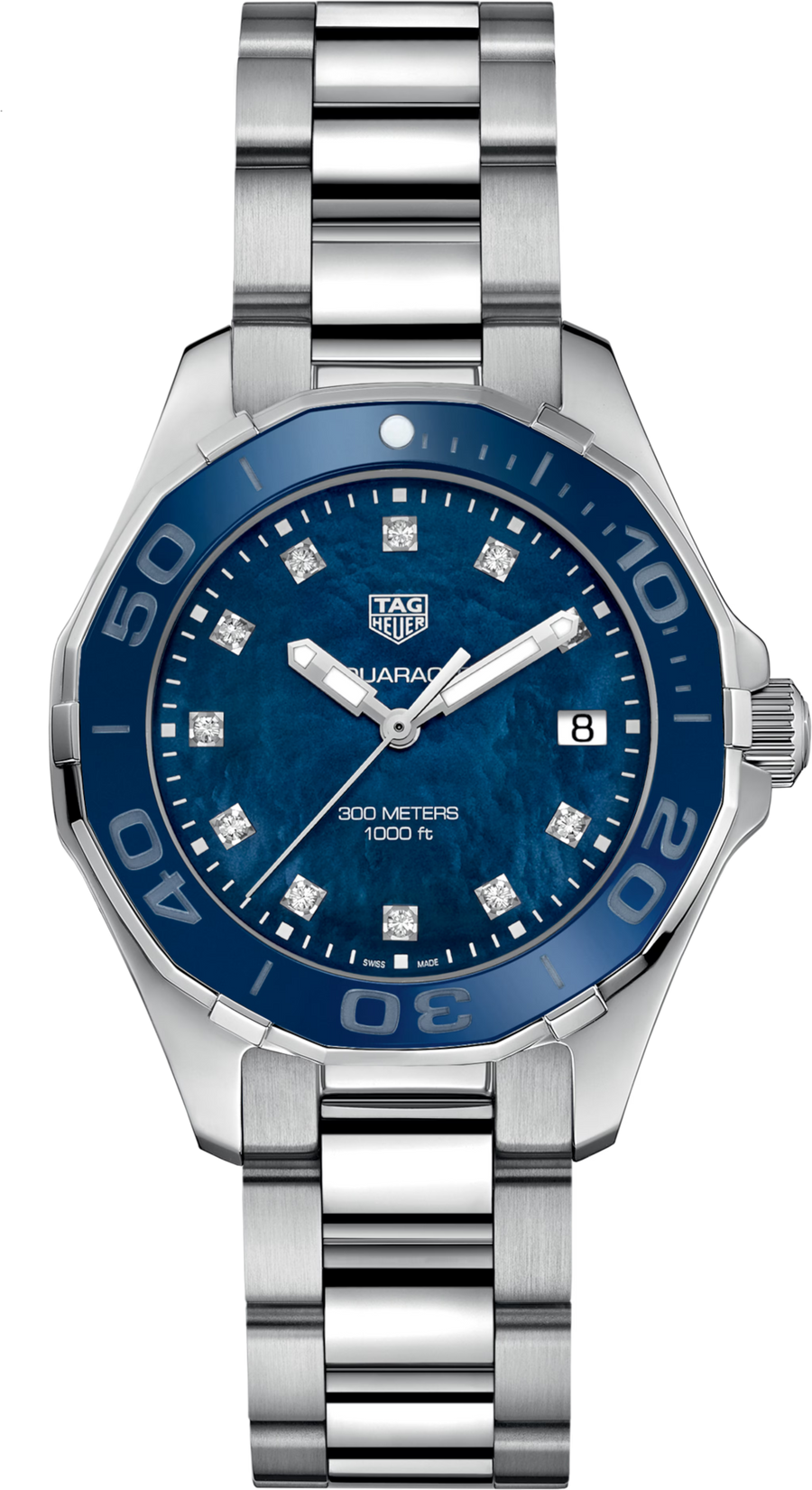 TAG Heuer Aquaracer Lady Donna 35 mm Acciaio Quadrante Madreperla Blu 11 Diamanti Lunetta Girevole Ceramica Blu Vetro Zaffiro Quarzo Data Bracciale Acciaio 30 ATM Swiss Made Ref. WSY131L.BA0748