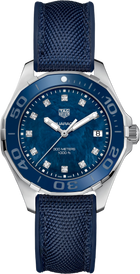 TAG Heuer Aquaracer Lady Donna 35 mm Acciaio Quadrante Blu Madreperla 11 Diamanti Lunetta Girevole in Ceramica Vetro Zaffiro Quarzo Data Cinturino Caucciù e Nylon Blu 30 ATM Swiss Made Ref. WAY131L.FT6091