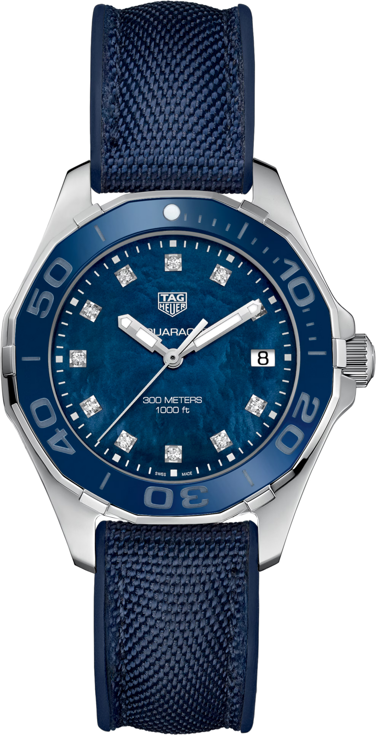 Orologio subacqueo blu con quadrante madreperla, lunetta girevole e cinturino nylon