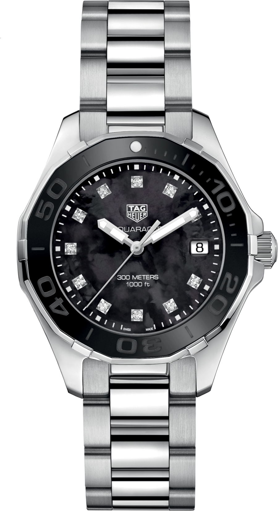 TAG Heuer Aquaracer Lady Donna 35 mm Acciaio Quadrante Madreperla Nera 11 Diamanti Lunetta Girevole Unidirezionale in Ceramica Vetro Zaffiro Quarzo Data Bracciale Acciaio 30 ATM Swiss Made Ref. WAY131M.BA0748