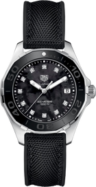 TAG Heuer Aquaracer Lady Donna 35 mm Acciaio Quadrante Nero Madreperla 11 Diamanti Lunetta Girevole Ceramica Nera Vetro Zaffiro Quarzo Data Cinturino Caucciù Nero 30 ATM Swiss Made Ref. WAY131M.FT6092