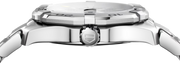 Orologio automatico in acciaio con corona e pulsanti sul lato della cassa