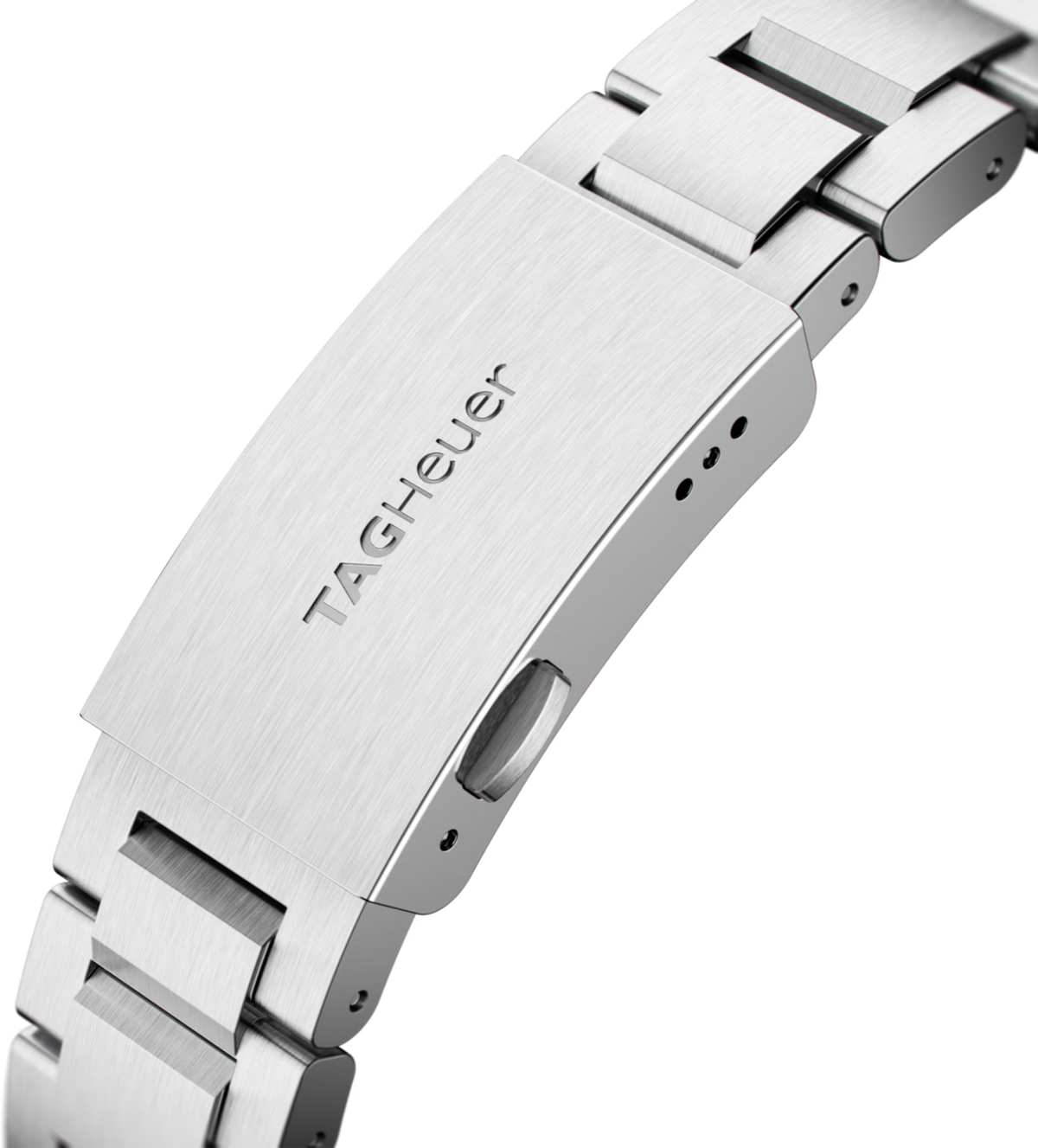 Bracciale in acciaio con fibbia e scritta TAG Heuer sulla chiusura