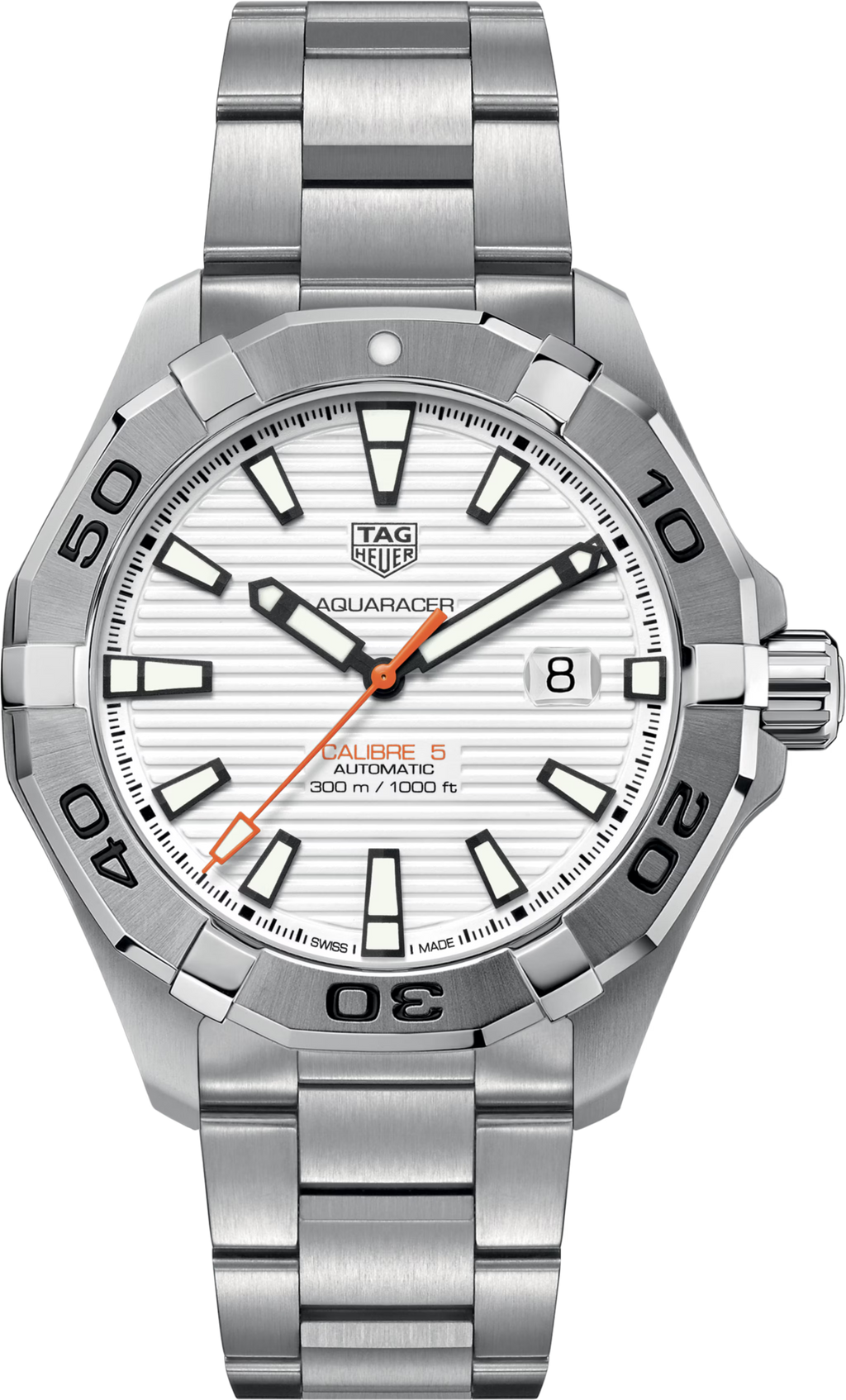 Orologio subacqueo in acciaio con quadrante bianco e lunetta girevole, data 8