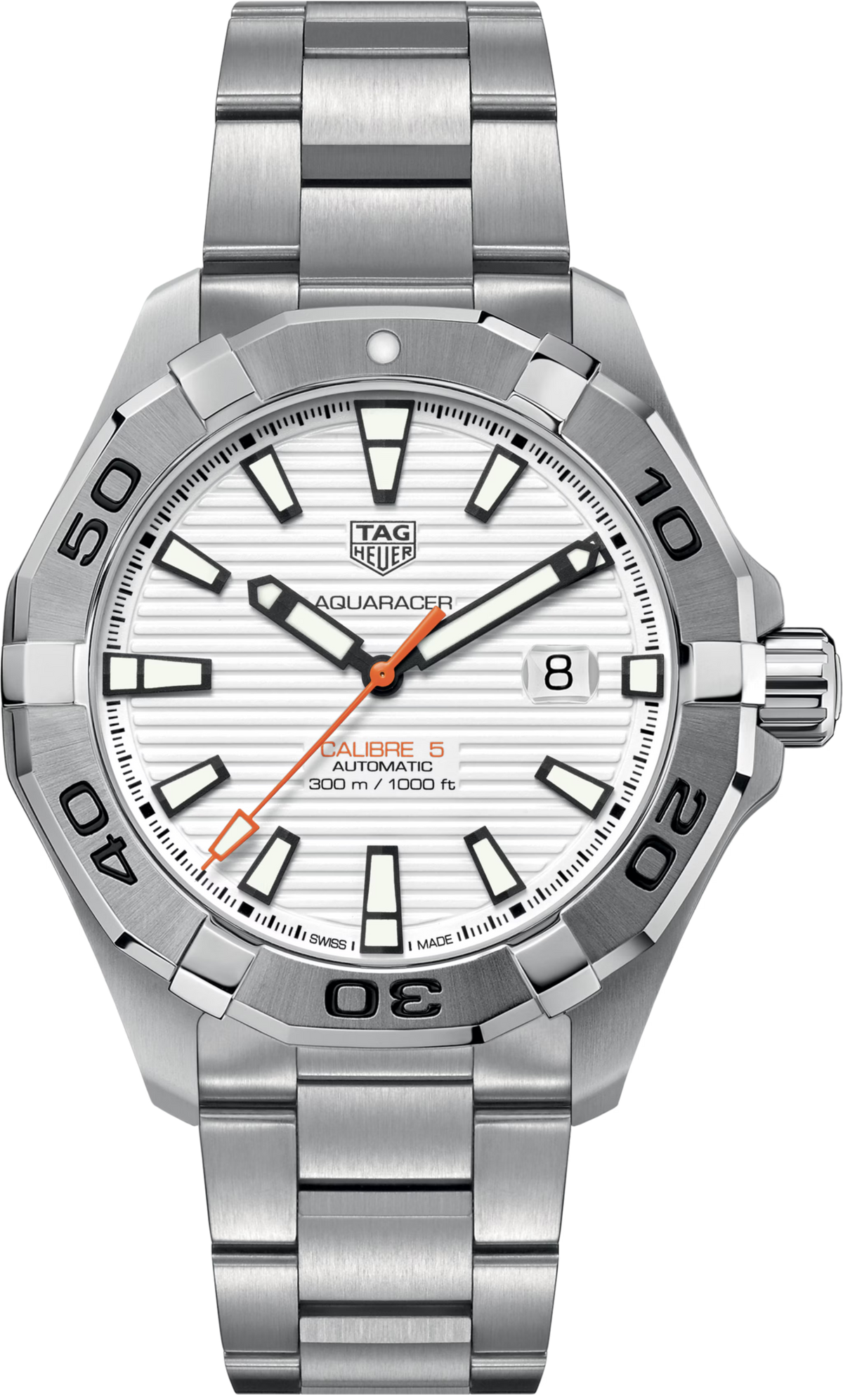 Orologio subacqueo in acciaio con quadrante bianco e lunetta girevole, data 8