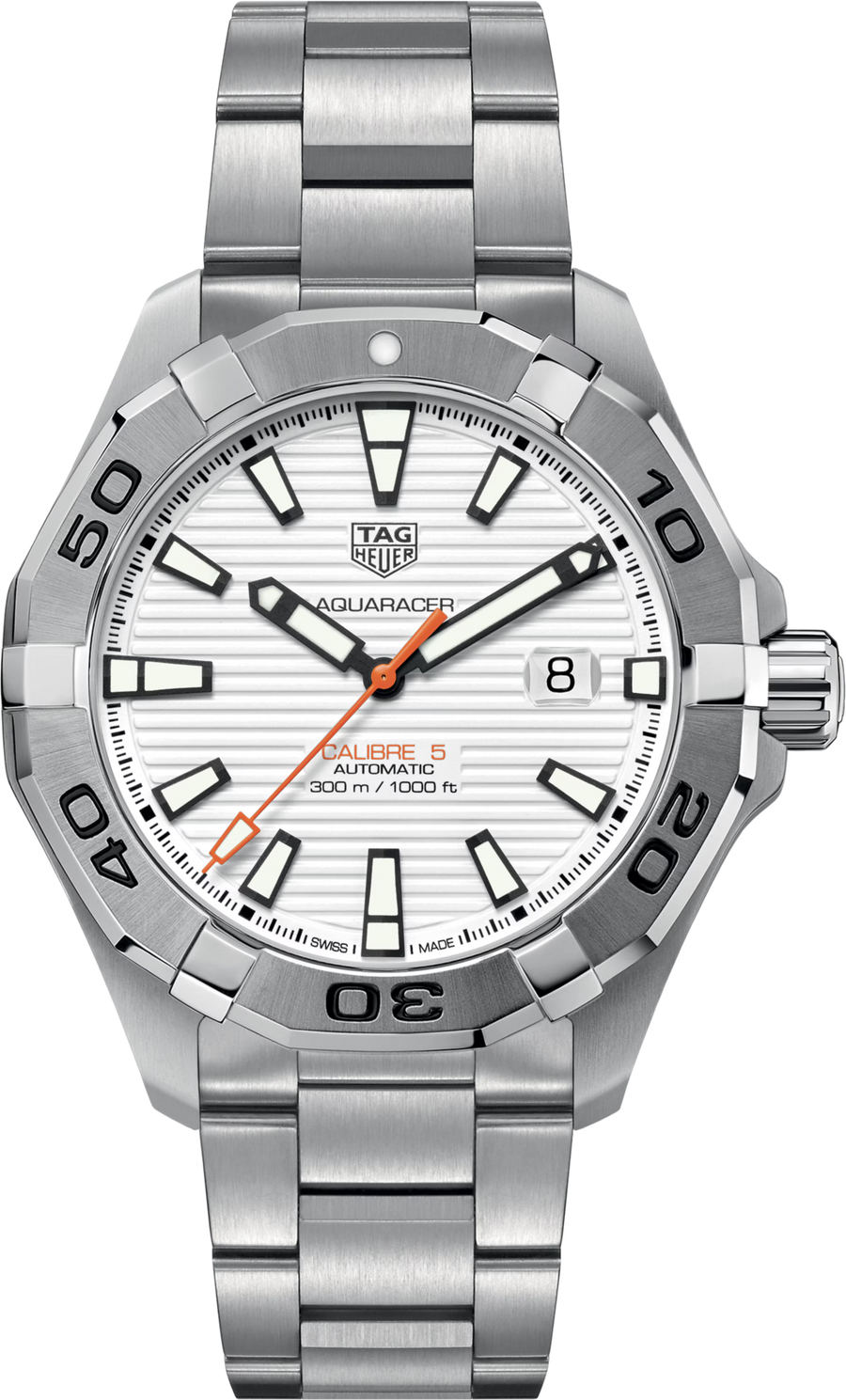 TAG Heuer Aquaracer 300M Calibre 5 Automatico Uomo 43 mm Acciaio Quadrante Bianco Laccato Lunetta Girevole Unidirezionale Vetro Zaffiro Data Bracciale Acciaio con Estensione Subacquea 38 Ore 30 ATM Swiss Made Ref. WAY2013.BA0927