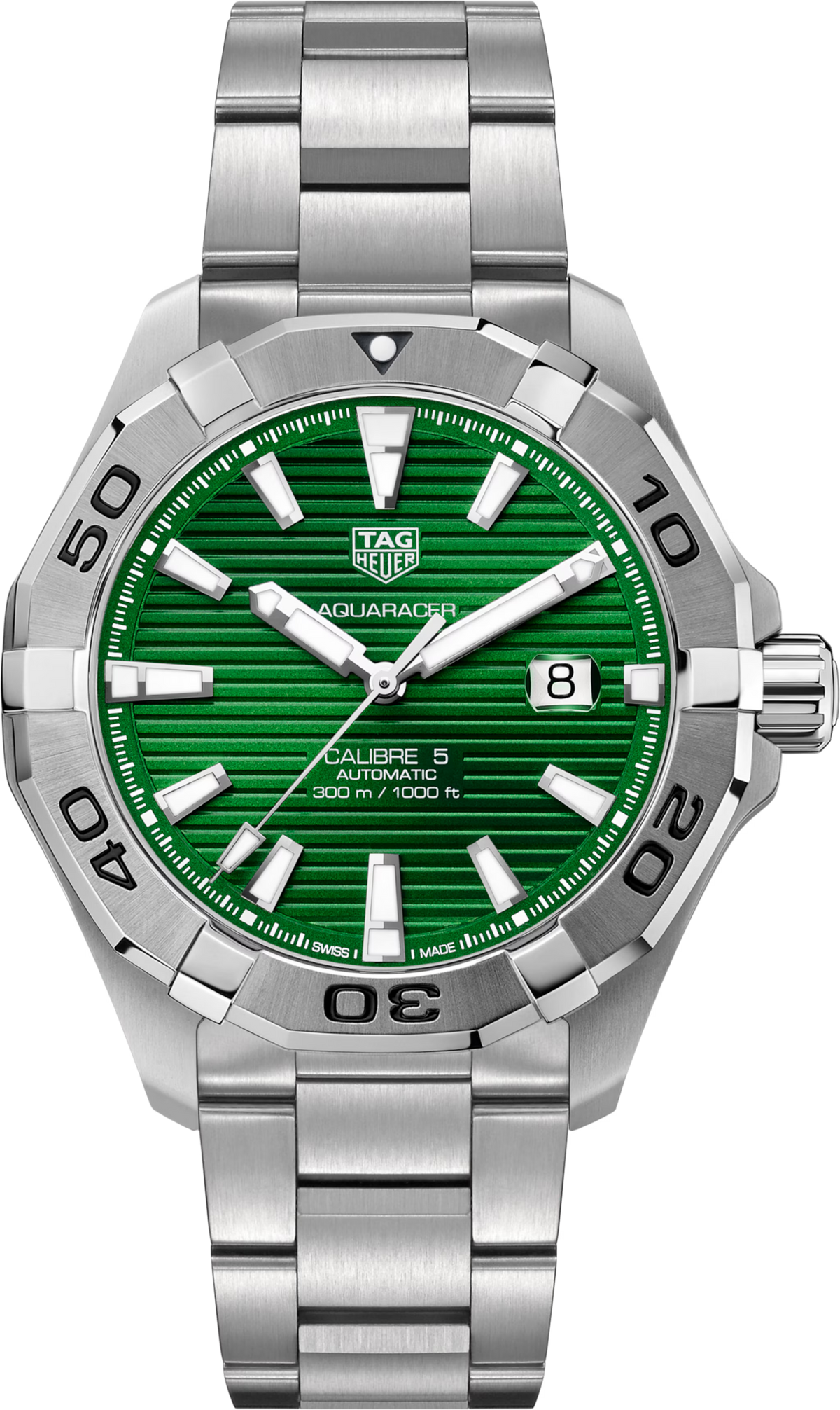 Orologio subacqueo in acciaio con quadrante verde, lunetta girevole e datario 8