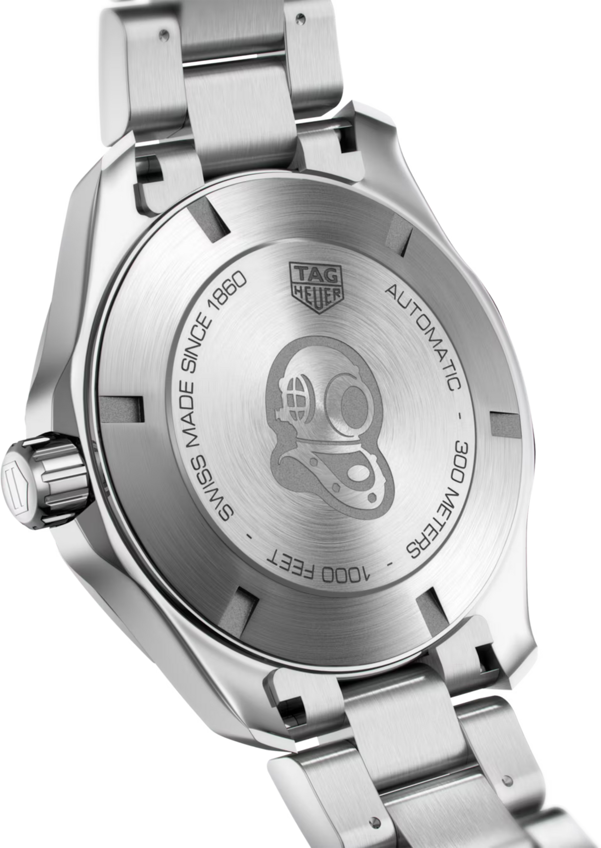 Orologio in acciaio con fondello inciso e scritte Automatic e impermeabile visibili.