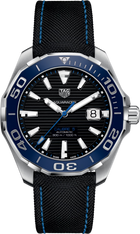 TAG Heuer Aquaracer 300M Calibre 5 Automatico Uomo 43 mm Acciaio Quadrante Nero con Dettagli Blu Lunetta Girevole Unidirezionale Ceramica Blu Vetro Zaffiro Data Cinturino Nylon Nero con Interno in Gomma Blu 38 Ore 30 ATM Swiss Made Ref. WAY201C.FC6395