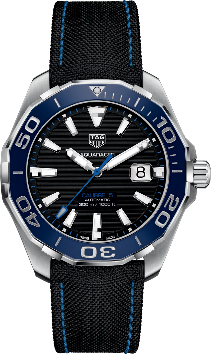 TAG Heuer Aquaracer 300M Calibre 5 Automatico Uomo 43 mm Acciaio Quadrante Nero con Dettagli Blu Lunetta Girevole Unidirezionale Ceramica Blu Vetro Zaffiro Data Cinturino Nylon Nero con Interno in Gomma Blu 38 Ore 30 ATM Swiss Made Ref. WAY201C.FC6395