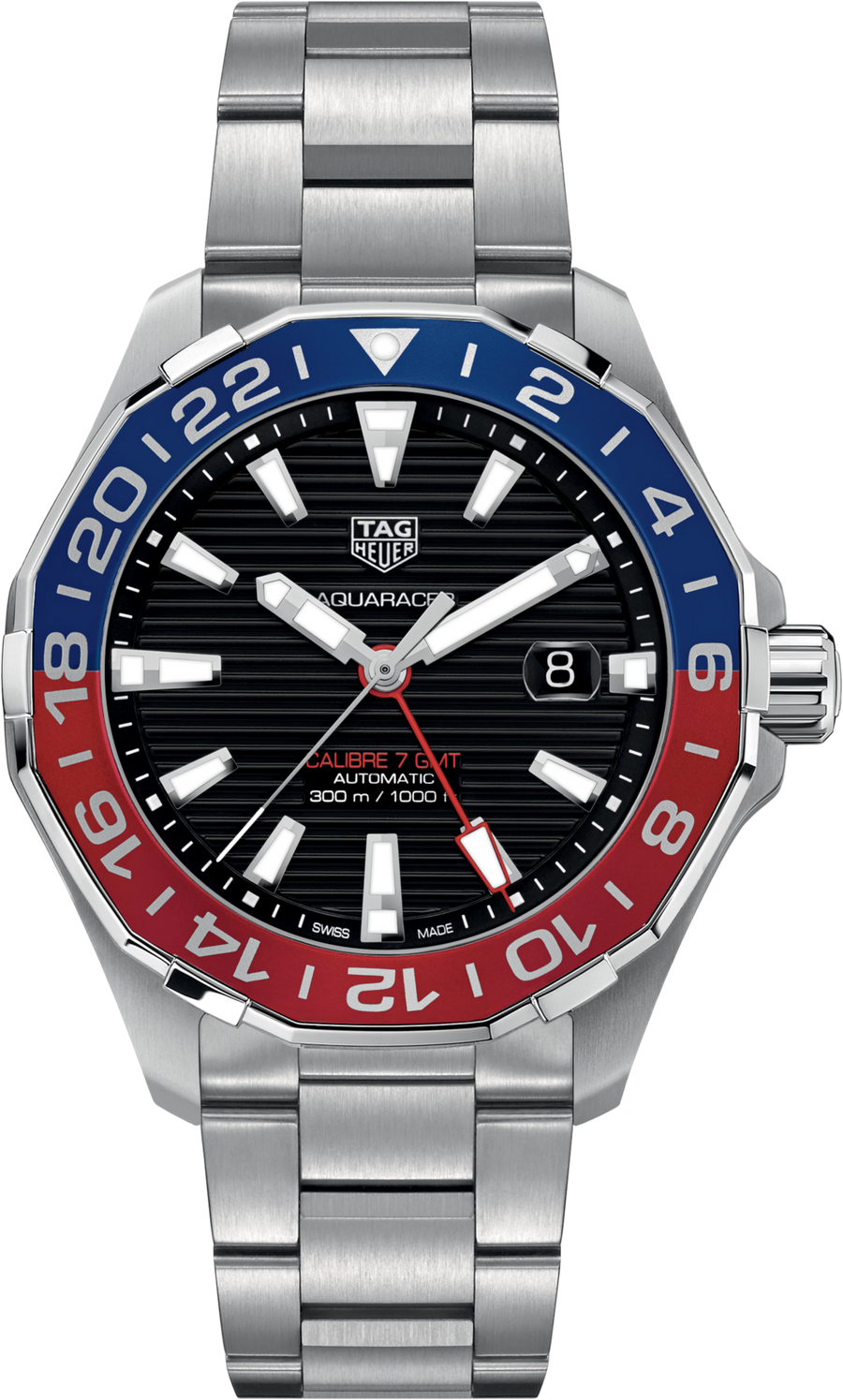 TAG Heuer Aquaracer GMT Uomo 43 mm Acciaio Quadrante Nero Soleil Lunetta GMT Bicolore Blu e Rosso in Alluminio Vetro Zaffiro Calibre 7 Automatico Data GMT Bracciale Acciaio 30 ATM Swiss Made Ref. WAY201F.BA0927