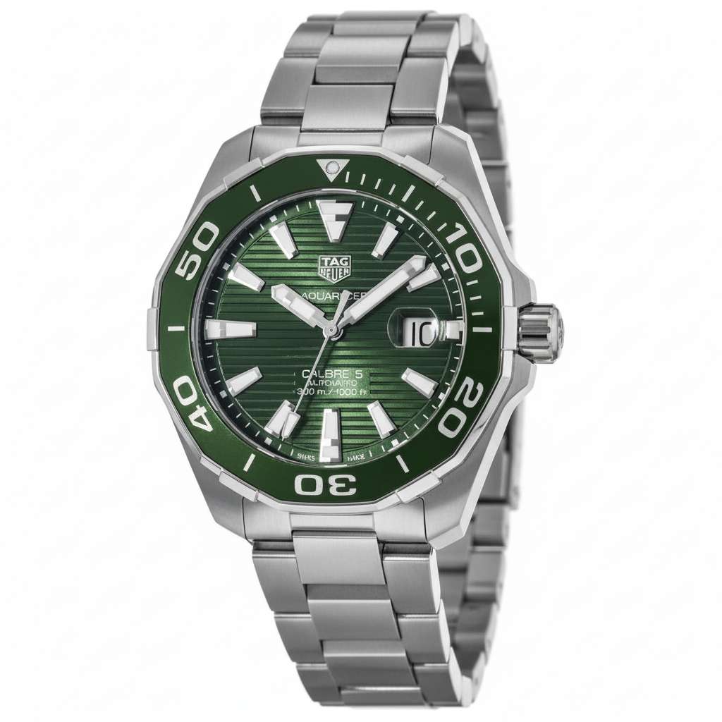 TAG Heuer Aquaracer Calibre 5 Automatico Uomo 43 mm Acciaio Quadrante Verde Lunetta Girevole Unidirezionale Acciaio e Alluminio Vetro Zaffiro Data Bracciale Acciaio 300 m Swiss Made Ref. WAY201S.BA0927
