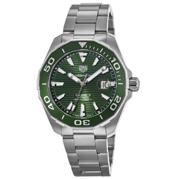 TAG Heuer Aquaracer Calibre 5 Automatico Uomo 43 mm Acciaio Quadrante Verde Lunetta Girevole Unidirezionale Acciaio e Alluminio Vetro Zaffiro Data Bracciale Acciaio 300 m Swiss Made Ref. WAY201S.BA0927 Oasi Watch
