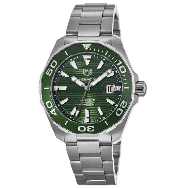 TAG Heuer Aquaracer Calibre 5 Automatico Uomo 43 mm Acciaio Quadrante Verde Lunetta Girevole Unidirezionale Acciaio e Alluminio Vetro Zaffiro Data Bracciale Acciaio 300 m Swiss Made Ref. WAY201S.BA0927