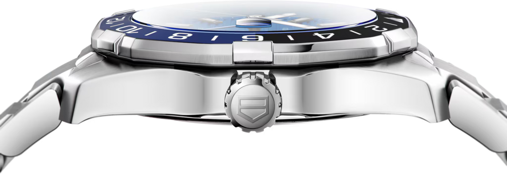 Orologio TAG Heuer Aquaracer GMT, cassa in acciaio con corona e lunetta nera/blu